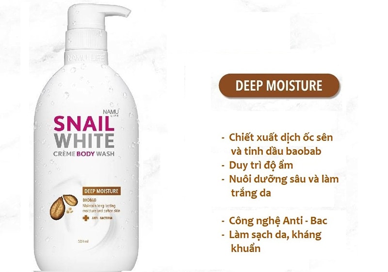 Sữa tắm Snail White Baobab dòng dưỡng ẩm sâu.