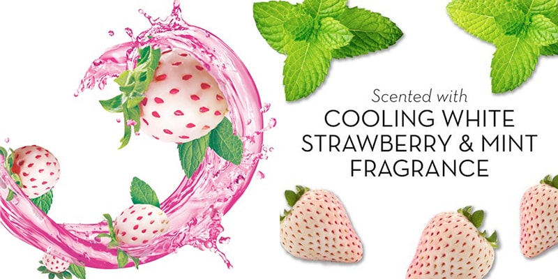 Sự kết hợp dâu tây và bạc hà trong sữa tắm Olay Fresh Outlast Cooling White Strawberry & Mint Body Wash.
