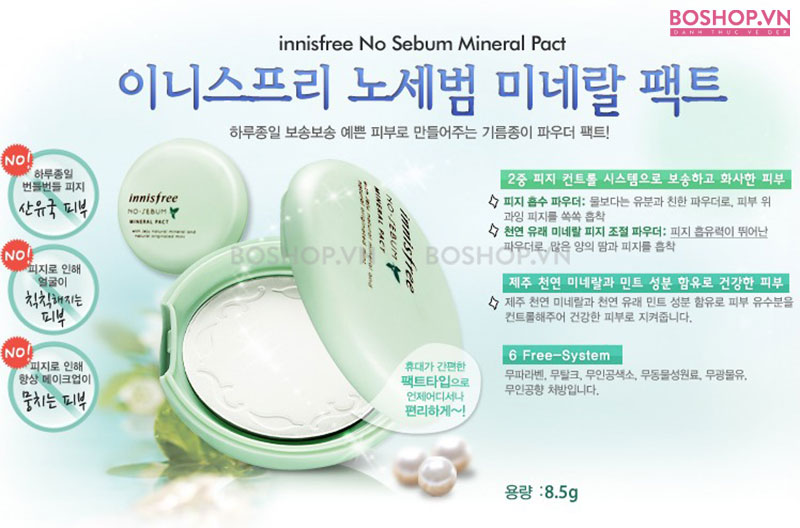 Phấn phủ Innisfree No Sebum Mineral Pact có chiết xuất từ bạc hà giúp kiểm soát dầu nhờn hiệu quả