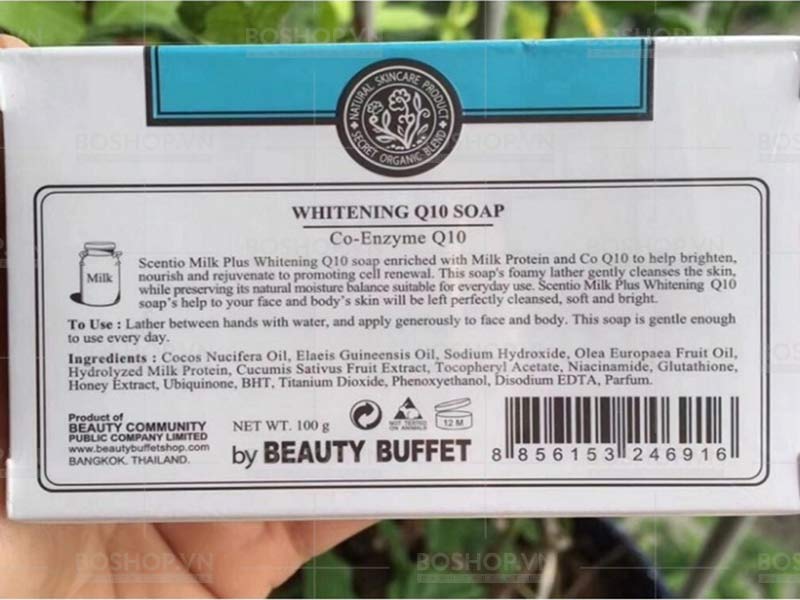 Xà phòng Milk Plus Whitening Q10 Soap Beauty Buffet Milk Plus For Body giàu Protein từ sữa và Co-enzym Q10 tuyệt vời trong việc làm sáng, nuôi dưỡng và trẻ hóa nhờ thúc đẩy sự tái tạo tế bào.