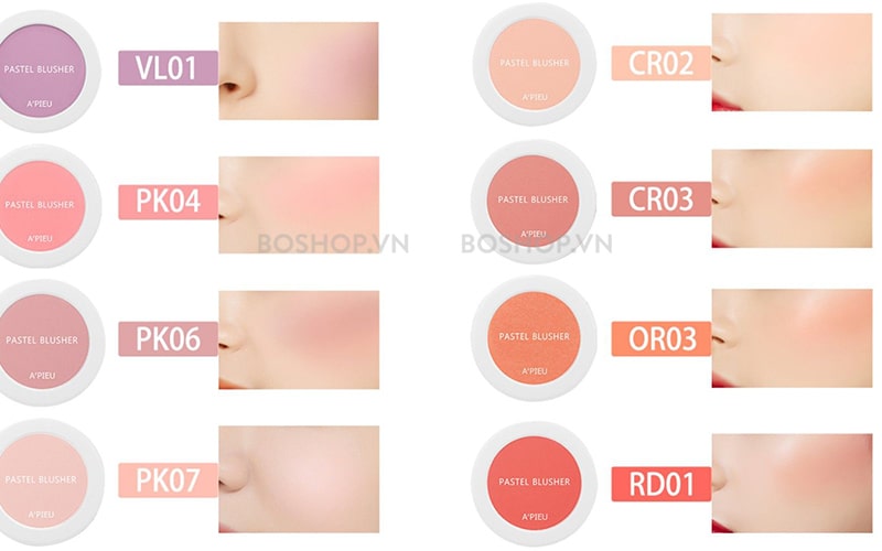 Bảng màu má hồng dạng kem A’Pieu Pastel Blusher gồm nhiều tông màu tự nhiên