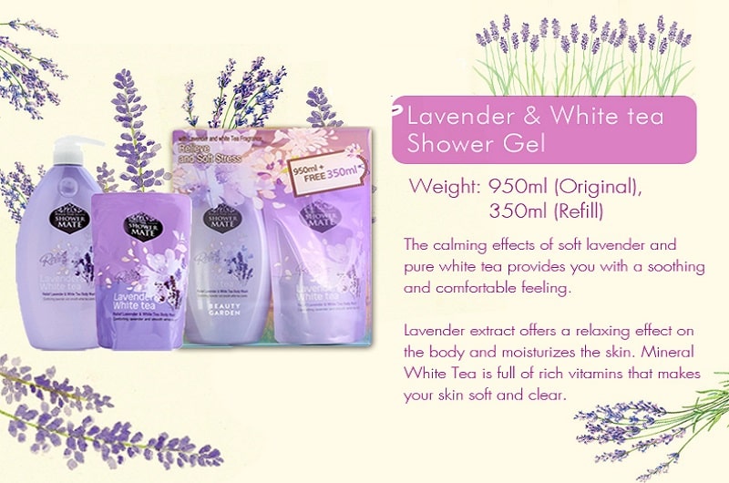 Sữa tắm Shower Mate Lavender White Tea có màu sắc chủ đạo của hoa Lavender hòa quyện với White Tea cho ta cảm giác nhẹ nhàng, tinh khiết ngay từ ánh nhìn đầu tiên.