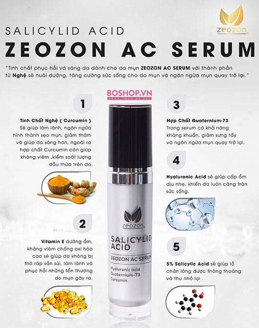 Tinh chất ngăn ngừa mụn Zeozon AC Serum với thành phần chính chiết xuất từ Nghệ sẽ nuôi dưỡng chuyên sâu, chống viêm hiệu quả