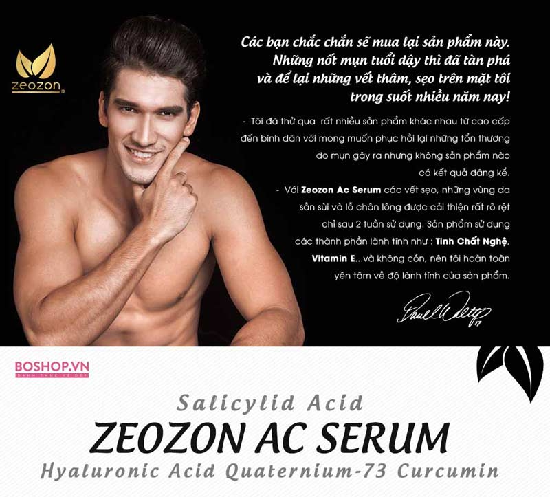 Mỹ phẩm nam giới Zeozon AC Serum còn chứa 0.5% Salicylic Acid sẽ giúp lỗ chân lông được thông thoáng và thu nhỏ lại.