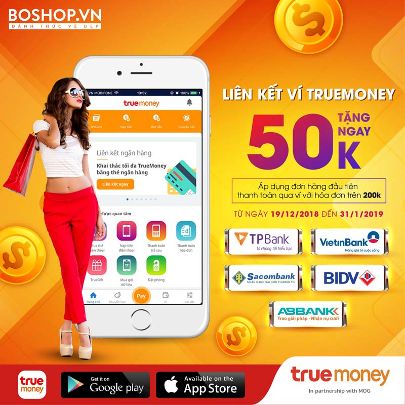 BOSHOP liên kết ví điện tử TrueMoney tặng ngay 50K khi mua hàng