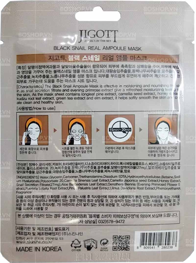 Mặt nạ Jigott Black Snail Real Ampoule Mask 27ml giữ ẩm và giúp các tế bào da tái tạo tăng sinh Collagen.