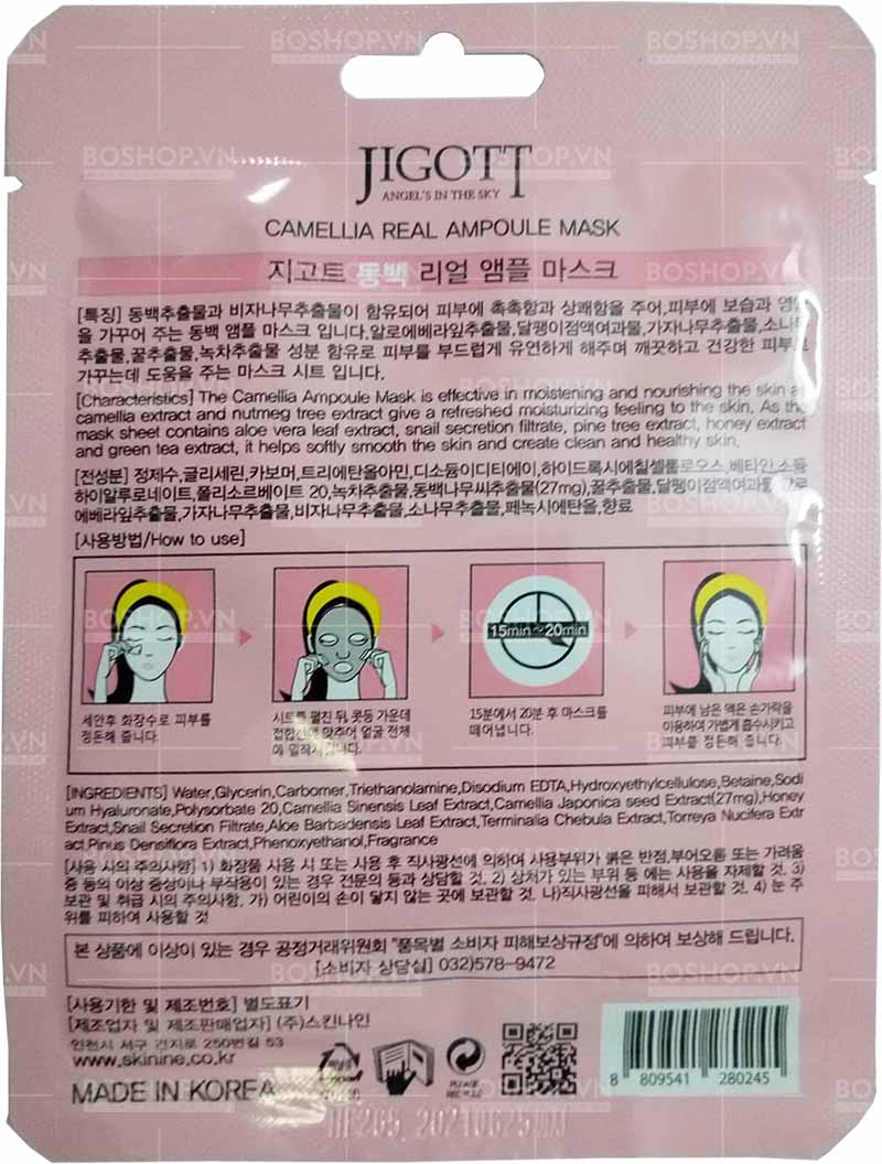 Mặt nạ Jigott Camellia Real Ampoule Mask 27ml chứa chất chống oxy hóa giúp ngăn ngừa sự lão hóa.