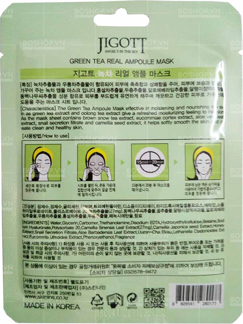 Mặt nạ Jigott Green Tea Real Ampoule Mask 27ml hiệu quả trong việc giữ ẩm, chống oxy hóa và nuôi dưỡng làn da.