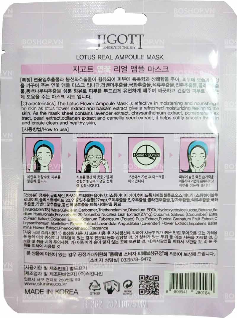 Mặt nạ Jigott Lotus Real Ampoule Mask 27ml giúp kiểm soát bã nhờn dư thừa, cân bằng độ ẩm cho da dầu.