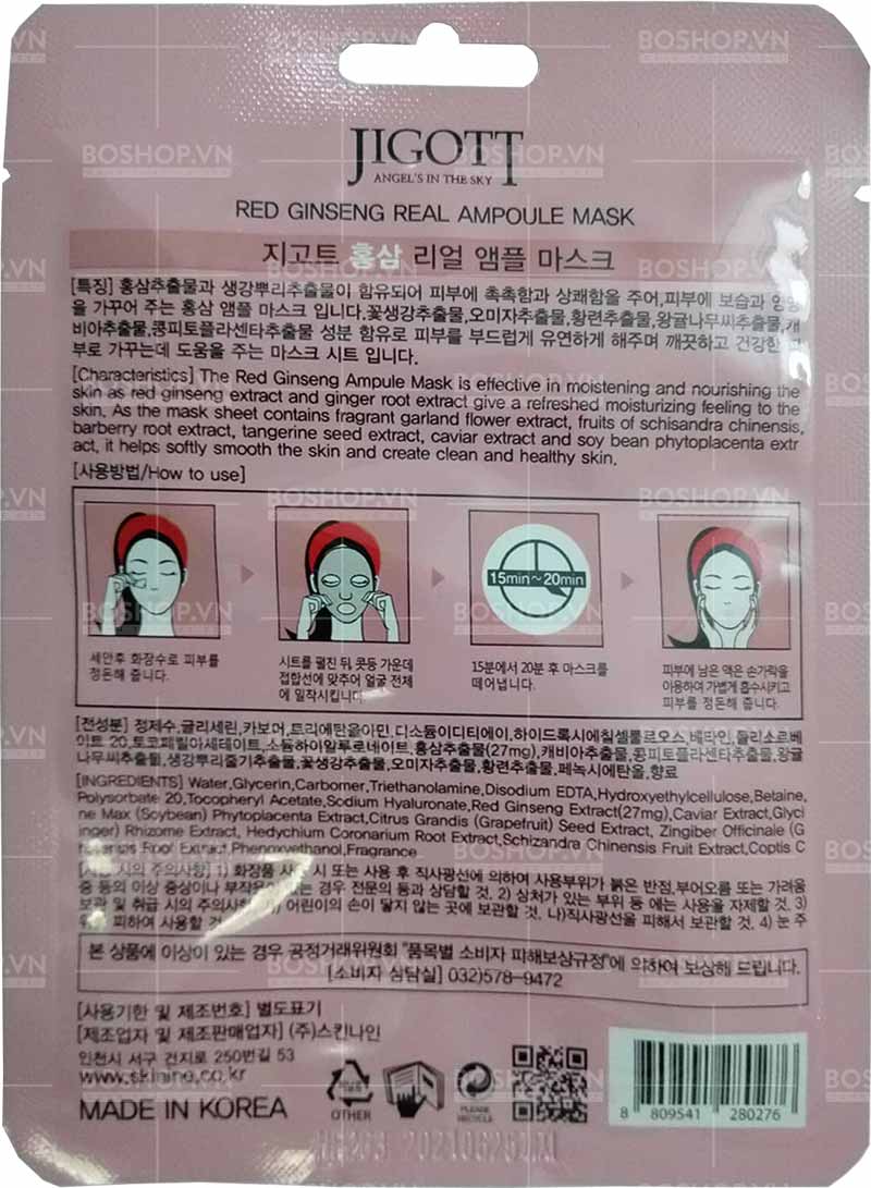 Mặt nạ Jigott Red Ginseng Real Ampoule Mask 27ml chứa nhân sâm đỏ và chiết xuất ​ từ củ gừng giúp chống lão hóa hiệu quả.